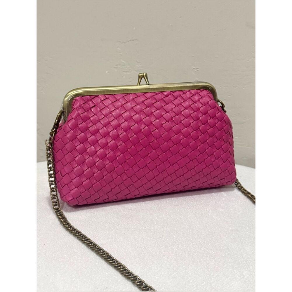 Magenta Woven Leather Handmade Kisslock Clutch/Phone Pouch/Evening Bag/Crossbody
